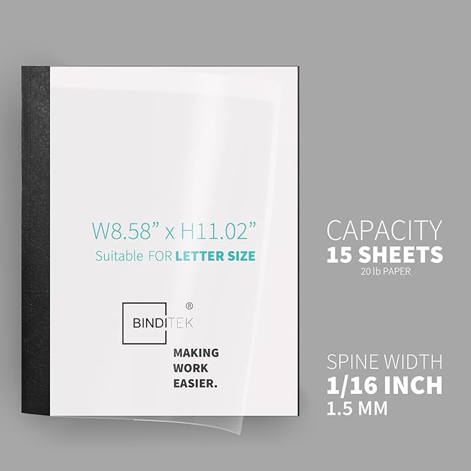 Binditek 10 Pack Thermal Binding Presentation Covers, 1/16 Inch Spine, Holds 15 Sheets, Ultra Clear Front Cover, Black Paper Back Cover, Letter Size, for Students and Coworkers