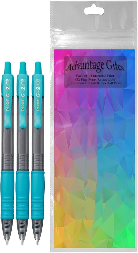 G2 Retractable Premium Gel Ink Roller Ball Pens Fine Point Fine Point (.7mm) Turquise Ink 3-pk; Refillable & Premium Comfort Grip Bundle with Plastic Reusable Pouch