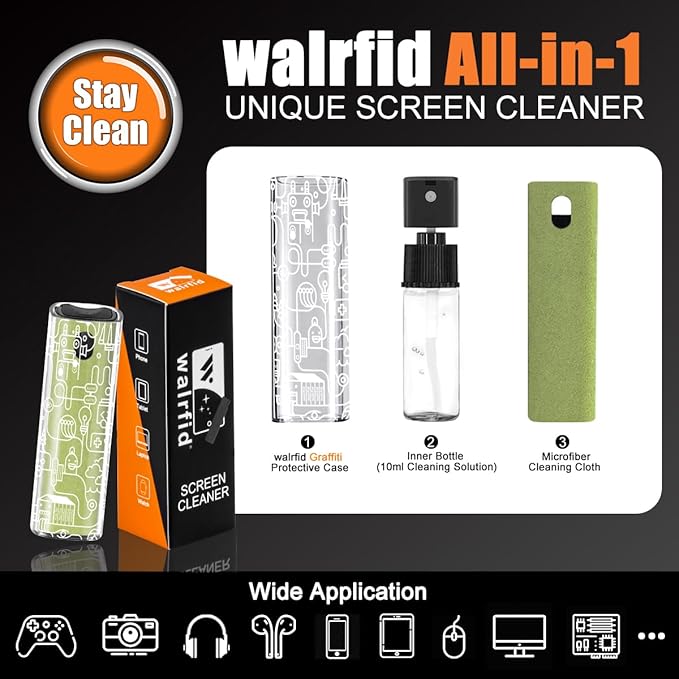 walrfid Car Screen Cleaner Spray and Wipe Cleaning Kit for Electronic iPad, iPhone, Phone, MacBook, TV, Monitor, Tablet Display, with Graffiti Case