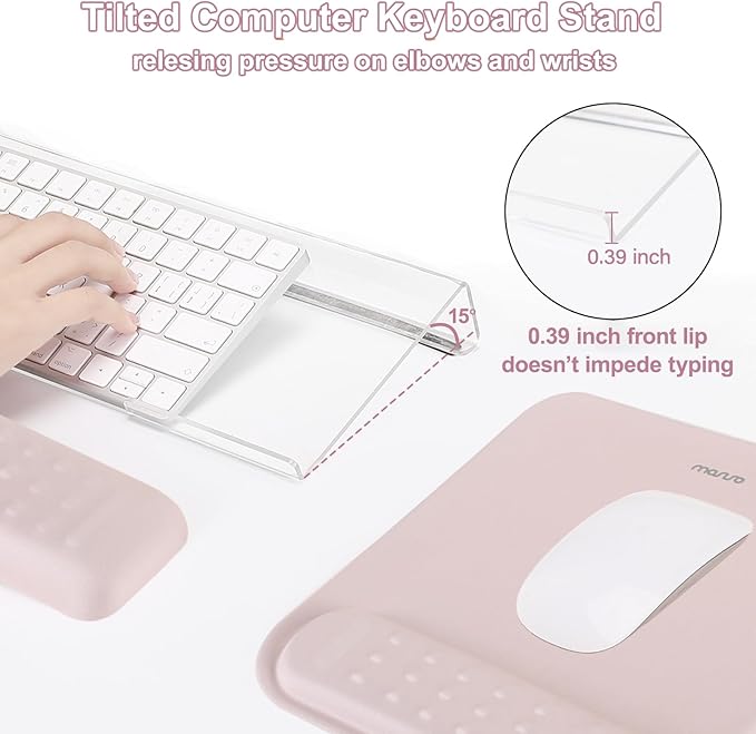 MOSISO Computer Keyboard Stand&Wrist Rest Support for Keyboard &Mouse Pad Set, Ergonomic Massage Wrist Rest Set, Easy Typing Working Acrylic Clear Stand for Office Home, Pink