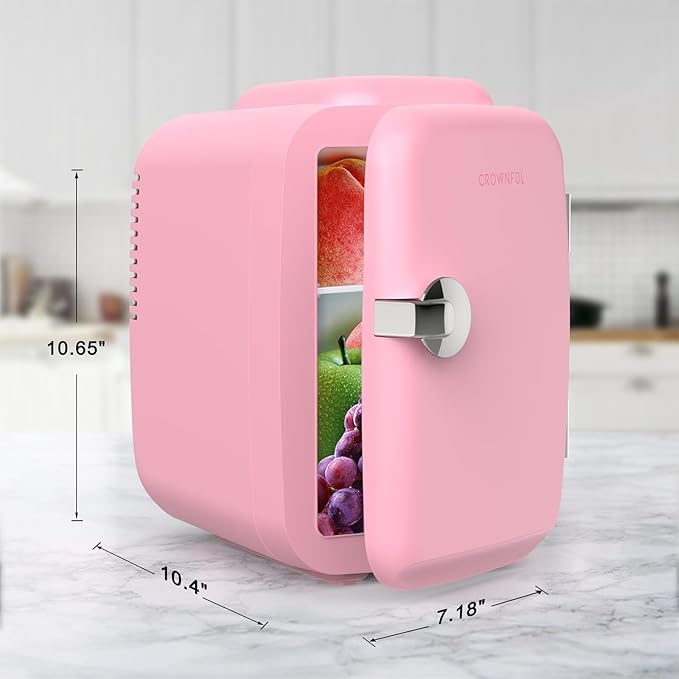 CROWNFUL Mini Fridge, 4 Liter/6 Can Portable Cooler and Warmer Personal Refrigerator for Skin Care, Cosmetics, Beverage, Food,Great for Bedroom, Office, Car, Dorm, ETL Listed (Pink)