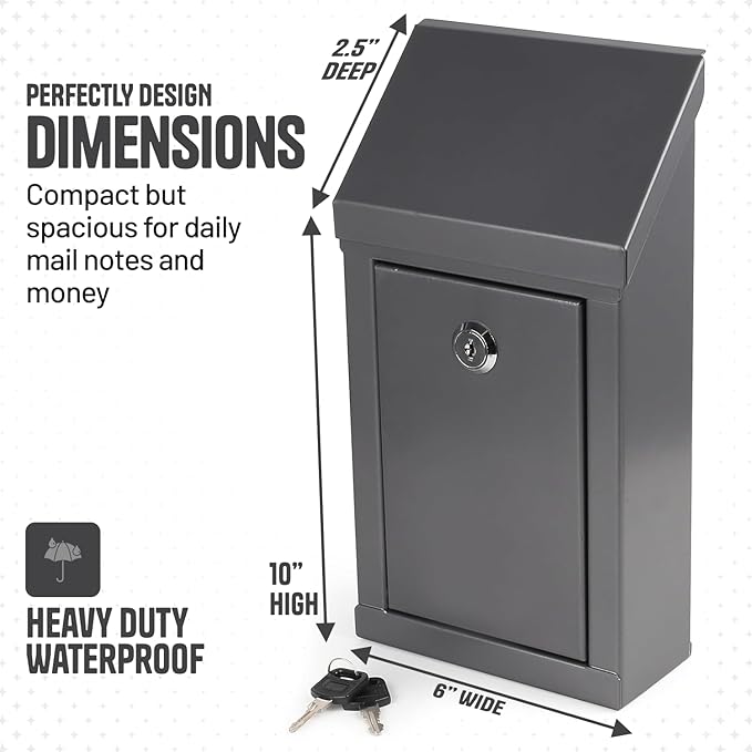 Metal Donation Box-Suggestion Box with Slot and lock-Cash Lock box for Money-Waterproof Drop Box-Comment and ballot voting box-comes with pre-drilled holes for easy wall mounting 10 X 6 X 2.5"(Gray)