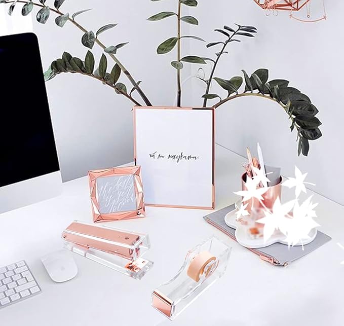 Acrylic Rose Gold Tape Dispenser Desktop Stapler, Acrylic Office Supplies Includes Staple Remover, Tape, 1000pcs Staples Desk Accessory Kit, Modern Clear Stationery Kit for Everyday Office Needs