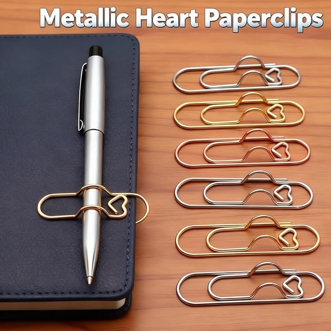 Heart Shaped Metal Pen Clip, Planner Writing Tool Holder, Thickened Carbon Steel, Not Deform/Discolor, for Notebooks Papers Journal Book Planner Jumbo Office Supplies (Rose Gold 10pcs)