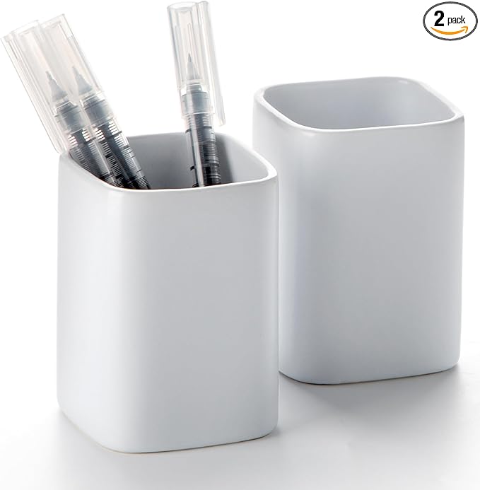 Pen Holder, 2 Pack Pencil Holder for Desk ,Ceramic Pencil Cup Desk Organizer, Makeup Brush Holder Cute, Stationery Accessories for Office, School, Home (Matte white)