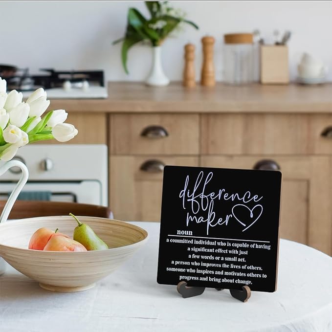 Wooden Table Sign Office Decor Difference Maker Definition Desk Decor Wood Plaque With Stand Thank You Gifts for Boss Women Best Mom Coworker Teacher Office Desk Accessories(Black)-C04