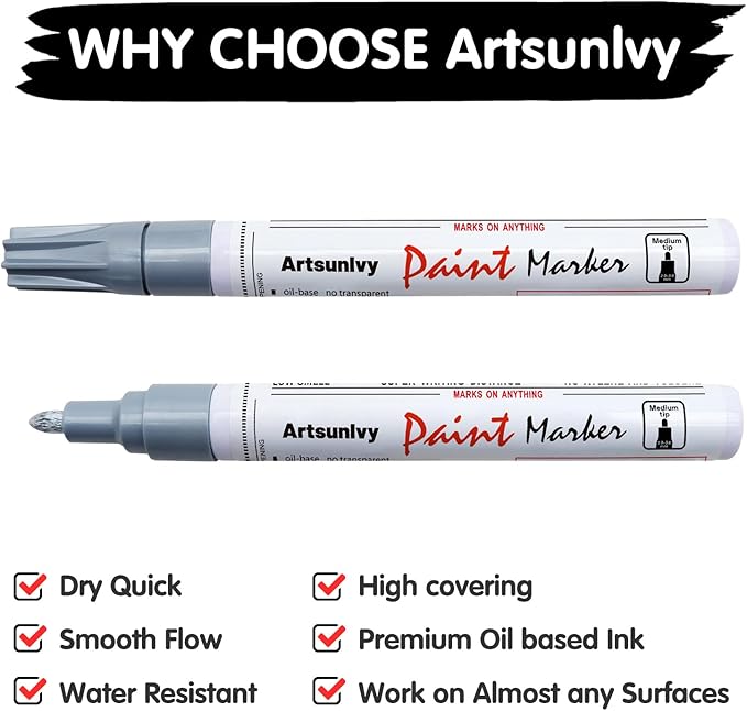 Silver Paint Pens Paint Markers - 2 Pack Oil-Based Permanent Markers Medium Point,Waterproof Quick Dry Paint Pens for Metal,Rock,Wood,Fabric,Plastic,Canvas,Glass