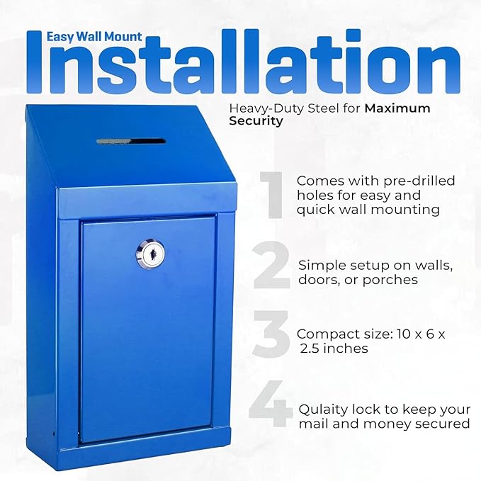 Metal Donation Box-Suggestion Box with Slot and lock-Cash Lock box for Money-Waterproof Drop Box-Comment and ballot voting box-comes with pre-drilled holes for easy wall mounting 10 X 6 X 2.5"(Blue)