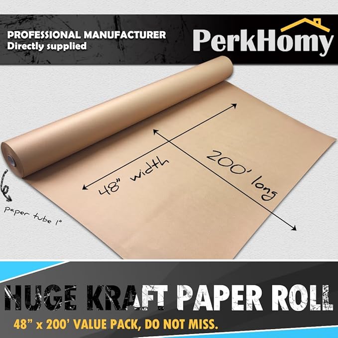 PerkHomy 48" x 2,400" (200') Brown Kraft Paper Roll for Craft Bulletin Board Paper Art Table Covering Crafting Gift Wrapping Bouquet Packing Parcel 70GSM 50LB (Brown, 48" x 200')