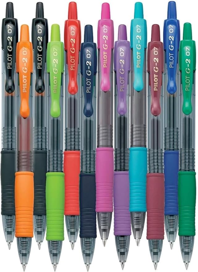 G2 Retractable Premium Gel Ink Roller Ball Pens Fine Point Fine Point (.7mm) Assorted Ink 12-pk; Refillable & Premium Comfort Grip Bundle with Plastic Reusable Pouch