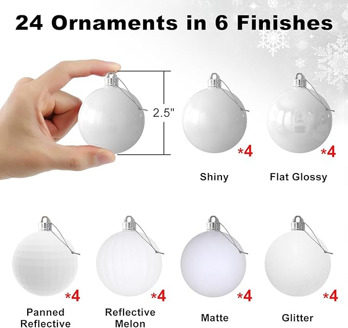 White 2.5" Christmas Balls Christmas Tree Decoration Ornaments Shatterproof Hanging Balls for Birthday Halloween Holiday Wedding Decorations Set of 24pcs