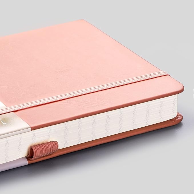 EMSHOI College Ruled Notebook-120gsm Thick Paper, 256 Numbered Pages Lined Journal for Women, 16 Perforated Pages, Faux Leather Hardcover, Inner Pocket, Pen Holder, A5 Medium 5.75" x 8.38"-Pink