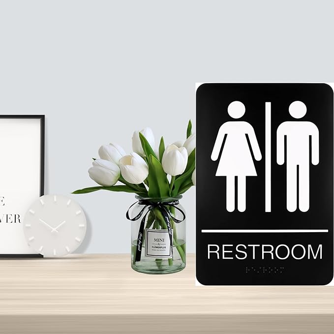 Self-Adhesive Business Restroom Sign, ADA Compliant Braille Unisex Bathroom Sign, Size: 9" X 6" (Unisex)