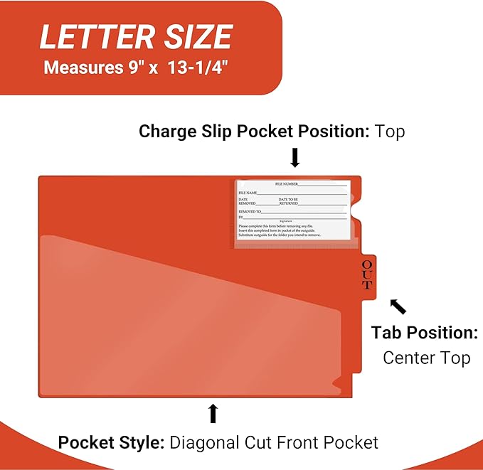 Doctor Stuff - Center Tab Vinyl Outguides, Diagonal Cut Front Pocket, Top Charge Out Slip Pocket, Plastic File Folder, Letter Size 9" x 13-1/4", Orange, 25/Box