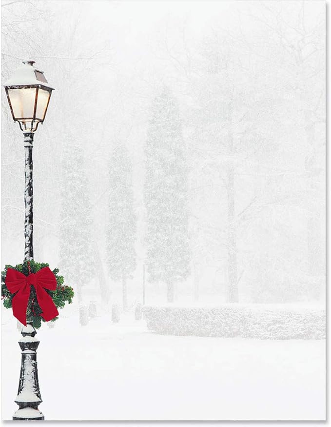 PaperDirect Winter City Elegance Border Paper, Snowy Street Scene with Lamp Post and Christmas Wreath, 8.5 x 11, Acid-Free, Ideal for Holiday Invitations, Flyers, Cards, 100 Sheets
