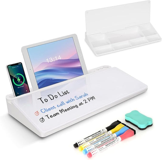 Desktop Glass Whiteboard with Storage, Desk White Board with Computer Keyboard Stand, White Dry Erase Board with Drawers for Home, School, Office Desk Organizers and Accessories
