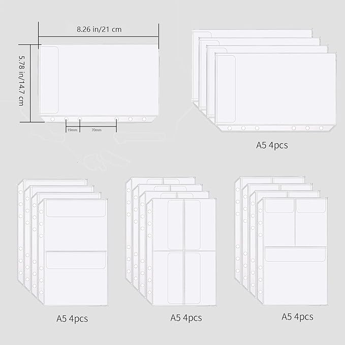 Binder Pockets, 16pcs A5 Size 6 Holes Binder Pockets, [Waterproof PVC Pouch] Premium Clear Binder Zipper Folders Document Filing Bags for 6-Ring Notebook Binder Loose Leaf Bags, Clear