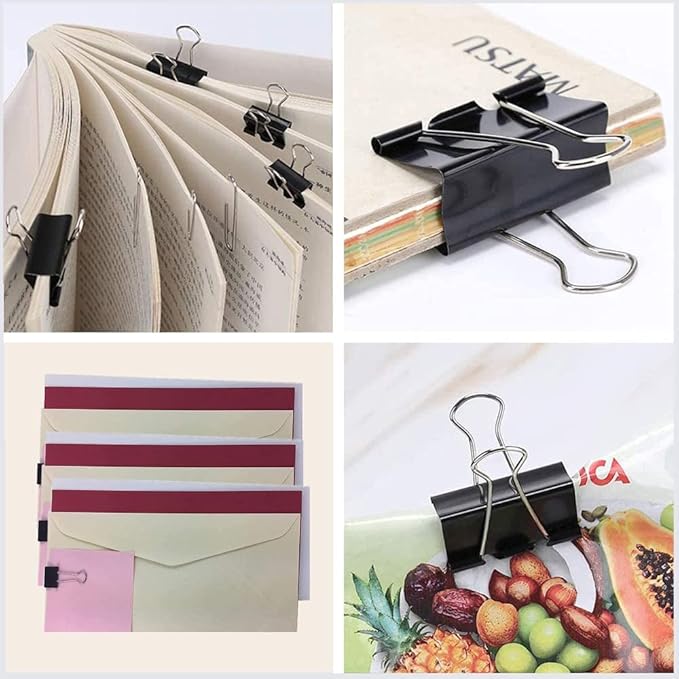 Paper Clips and Binder Clips Set, Metal Assorted Sized Binders with Push Pins, Black Office Supplies for Desk, Durable Desk Accessories
