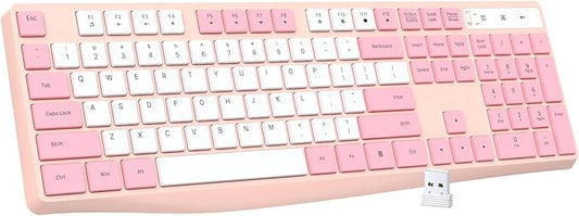 Lovaky Wireless Keyboard, 2.4G Ergonomic Wireless Computer Keyboard, Enlarged Indicator Light, Full Size PC Keyboard with Numeric Keypad for Laptop, Desktop, Surface, Chromebook, Notebook,PinkWhite