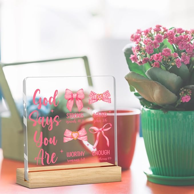 Coquette Dorm Decor, Preppy Pink Bow Bowknot Christian Decor Inspirational Bible Verses Sign Scripture Acrylic Sign Plaque Table Decorations for Home Farmhouse Room