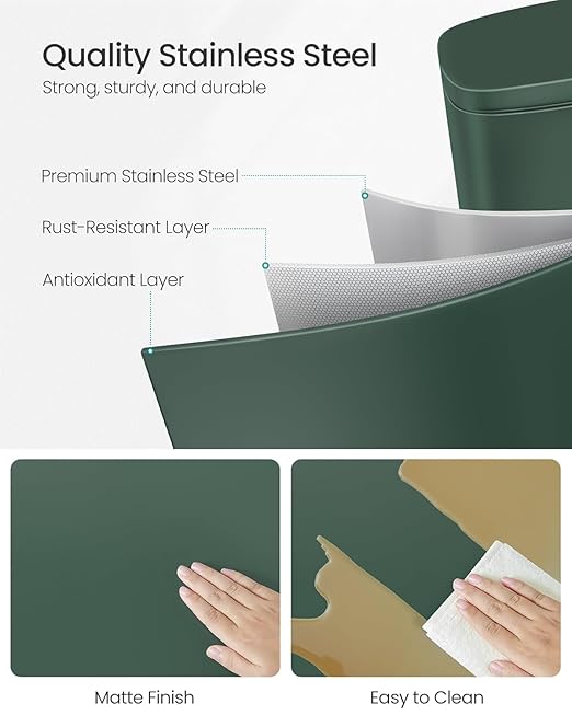 SONGMICS Trash Can with Lid, 8 Gallon Garbage Can, Stainless Steel Small Waste Bin with Step Pedal and Inner Bucket, Soft Close, Kitchen, Retro Green ULTB003C01