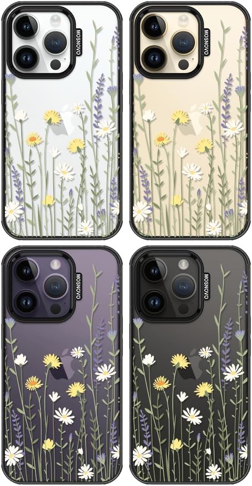 MOSNOVO Case for iPhone 14 Pro, [10ft 4X Military-Grade Drop Protection] Durable & Shockproof Phone Case Cover Design for iPhone 14 Pro - Wild Meadow - Clear Black