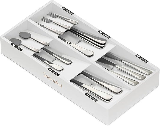 SpaceAid Bamboo Silverware Drawer Organizer with Labels, Kitchen Utensil Tray Holder Organizer for Flatware, Cutlery, Spoon and Knives Drawer Storage Organization (White, 6 Slots)