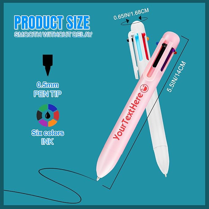 Custom 6-In-1 Multicolor Ballpoint Pen 0.5mm Tip Personalized Pens with Text Logo Name Printed Customized Pens Gift for Businesses School Office Employee Exhibition, 1PC