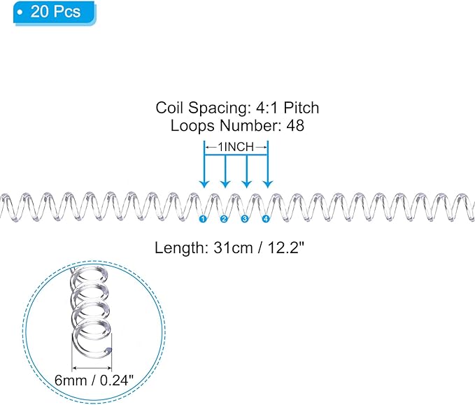 PATIKIL 6mm(1/4") Plastic Spiral Binding Coils, 20 Pcs Binding Spirals 30 Sheet Capacity 4:1 Pitch Binding Spirals for Binding Paper Sheets, Transparent