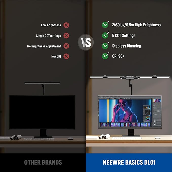 NEEWER BASICS 32.5" Clip On Desk Light for Home Office, 23W LED Dimmable Architect Table Clamp Lamp, 5 Light Bars, Monitor Computer Drafting Video Conference Atmosphere Lighting, 5 Colors CRI90+, DL01