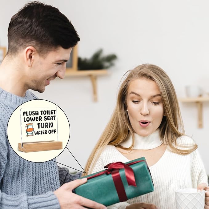 Rustic Funny Bathroom Decor Sign, Humor Restroom Acrylic Sign With Wooden Stand for Farmhouse Home Decor, Christmas Birthday Gifts