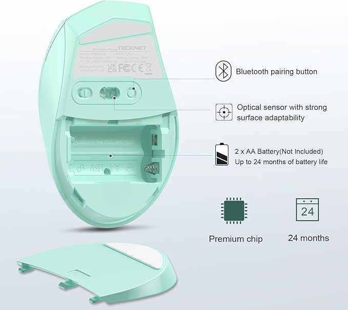 TECKNET Bluetooth Mouse, 4800 DPI Wireless Mouse, 2-Year Battery 6 Adjustable DPI, 6 Buttons Compatible with Laptop/Windows/Computer - Green