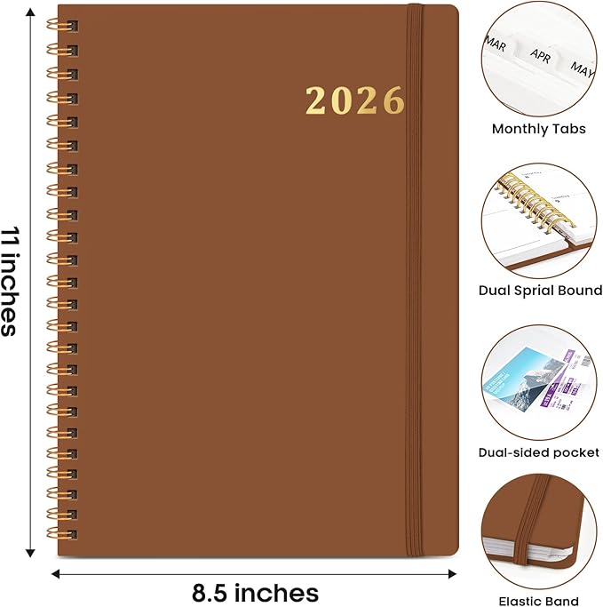 2026 Planner 8.5" x 11", Weekly and Monthly Calendar Planner Book, January 2026 - December 2026, Hardcover Spiral Planner with Monthly Tabs, Notes Pages, Perfect for Women & Men, A4 - Brown