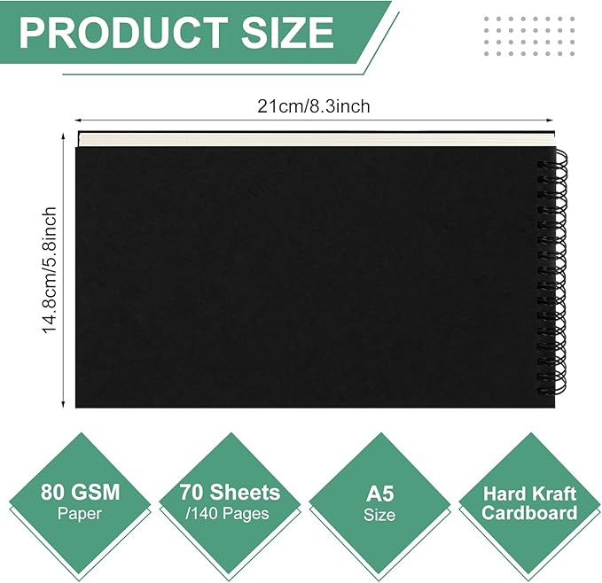 6 Pcs Dot Grid Notebook Top Spiral Notebook A5 Size Bullet Dotted Paper Hardcover Dot Journal 8.3''x 5.8'' 140 Pages Spiral Notepads for Sketching Drawing Writing School Office (Black)