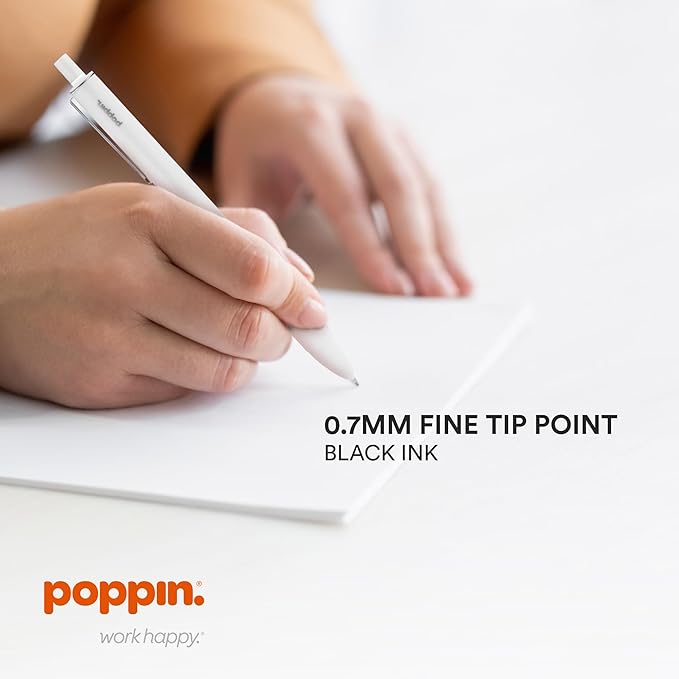 Poppin Stylish Retractable Gel Pens - Fine Point Pens with 0.7mm Tip, Smooth Writing Ink, Metal Clip, 12 Pack (White with Black Ink)