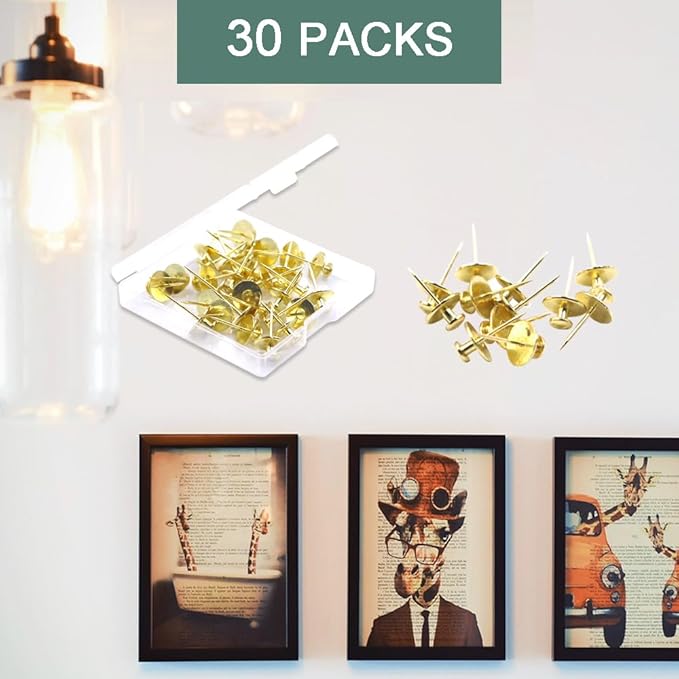 30 PCS Picture Hangers Hooks for Drywall, Gold Push Pins Double Headed Nails Thumbtacks for Wall Hangings Picture, Decorative Small Pins for Cork Board Home Office Photo Decorations