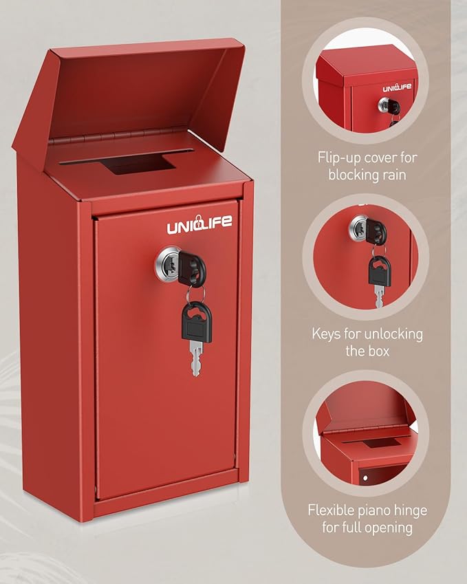 Uniclife Key Drop Box for Outside, Red Metal Donation Box Collection Box with Key Lock, Safe Suggestion Box, Wall Mounted Mailbox with Top Slot, Steel Cash Drop Box for Home Office and Business