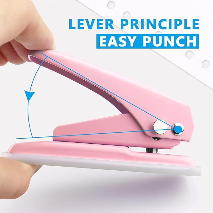 Single Hole Puncher Handheld 1/4 Inches Hole Punch, 20 Sheet Paper Punch Capacity Metal Hole Puncher with Skid-Resistant Base for Paper, Chipboard, Art Project, Pink