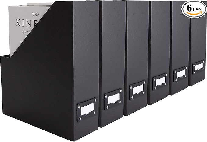Blu Monaco Foldable Black Magazine File Holder with Leather Label Holder - Set of 6 Cardboard Magazine File Boxes Desk File Organizer