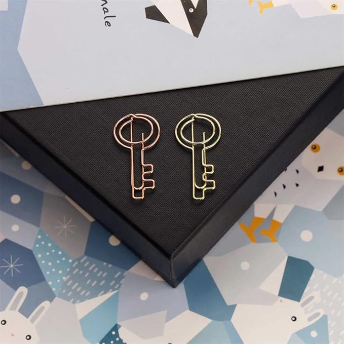 OWLFAVO 40pcs Key Shape Paper Clips with Clear Box, Rose Gold and Yellow Gold, Funny Cute Paperclips Bookmarks Planner Clips for Fun Office Supplies School Gifts Wedding Decoration