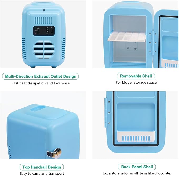 CROWNFUL Mini Fridge, 4 Liter/6 Can Portable Cooler and Warmer Personal Fridge for Skin Care, Cosmetics, Food,Great for Bedroom, Office, Car, Dorm, ETL Listed (Blue)