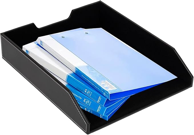 6 Piece Office Supplies/Desk Organizer Set with Desktop Leather Writing Pad,File Paper Tray,Magazine folder Holder, Pen Cup,Sticky Note Holder,Letter Mail Sorter,Workspace Decor for Women Men Black