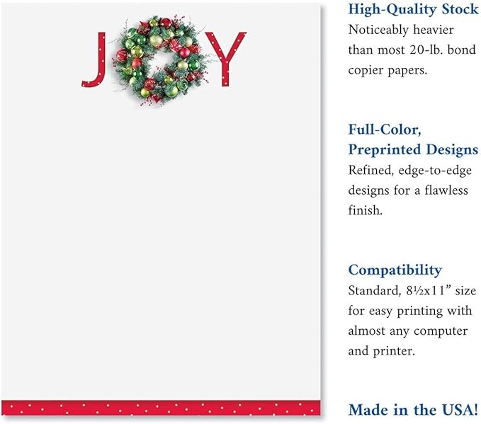 Great Joy Holiday Letter Paper - Set of 25 Christmas stationery papers are 8 1/2" x 11", compatible computer paper