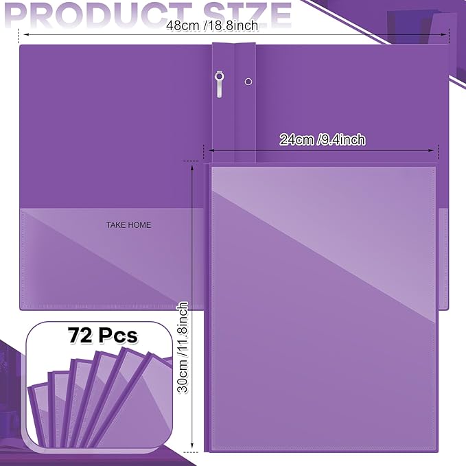 Henoyso 72 Pcs Plastic Folders with Clear Front Pocket and 3 Prong Take Home Plastic 2 Pocket Folder Back to School for Students Parent Teacher Communication for School Office (Purple)