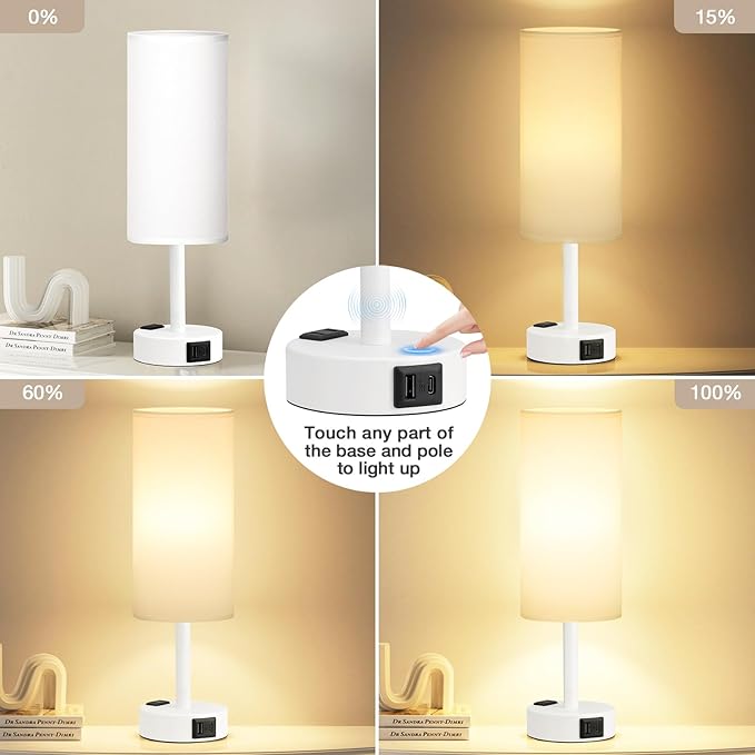 Fenmzee Matte White Bedside Table Lamp for Bedroom - 3 Way Dimmable Touch Lamp USB C Charging Ports and AC Outlet, Small Lamp Round Flaxen Fabric Shade for Living Room, Desk, LED Bulb Included