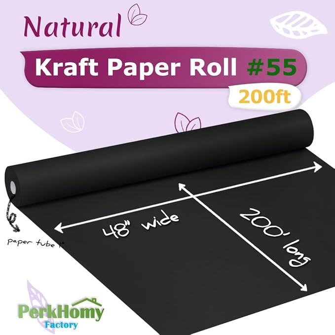 PerkHomy 48" x 2,400" (200') Black Kraft Paper Roll for Craft Bulletin Board Paper Art Table Covering Crafting Gift Wrapping Bouquet Packing Parcel 80GSM 55LB (Black, 48" x 200')