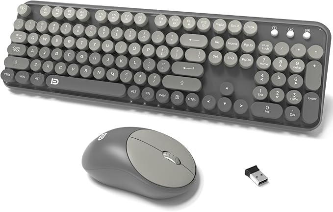 Wireless Keyboard and Mouse Combo, 2.4 GHz Wireless Full-Sized Typewriter Keyboard with Round Keycaps for Windows, Computer, Desktop, PC, Laptop (Grey)