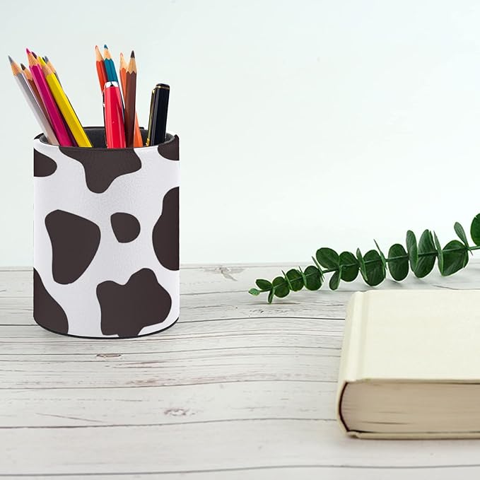 Cow Print Pen Holder Pencil Organizer Cute Pencil Cup Desk Decor Makeup Brush Holder PU Multifunctional Office Suppliesfor Home Classroom School
