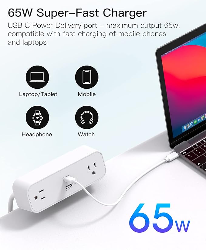 Desk Clamp Power Strip, 65W 10ft Extension Cord- 2 Outlets Desktop Power Strip with USB C 65W, USB A(QC 18W) Desktop Desk Clamp Power Station for Office, Home