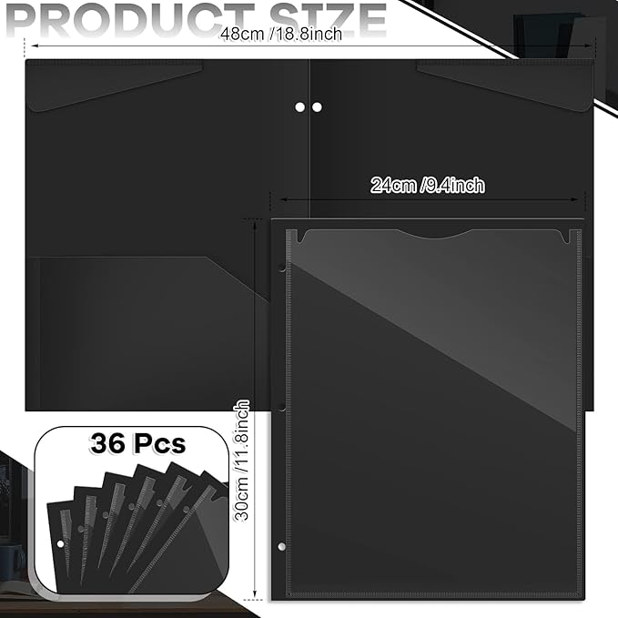 Henoyso 36 Pcs 2 Pocket Plastic Folders with Clear Front Pocket 3 Hole Punched File Folder Letter Size Take Home Documents Holder for Paper Holder Office Business Back to School Supply (Black)